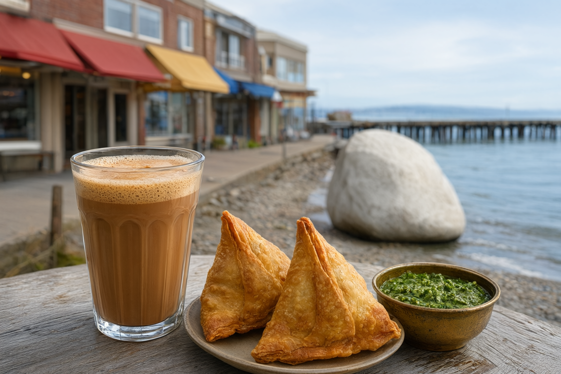 masala chai with samosas and chutney at Chaiwalla of London – White Rock, with the great white boulder on the beach and the White Rock Pier softly blurred behind
