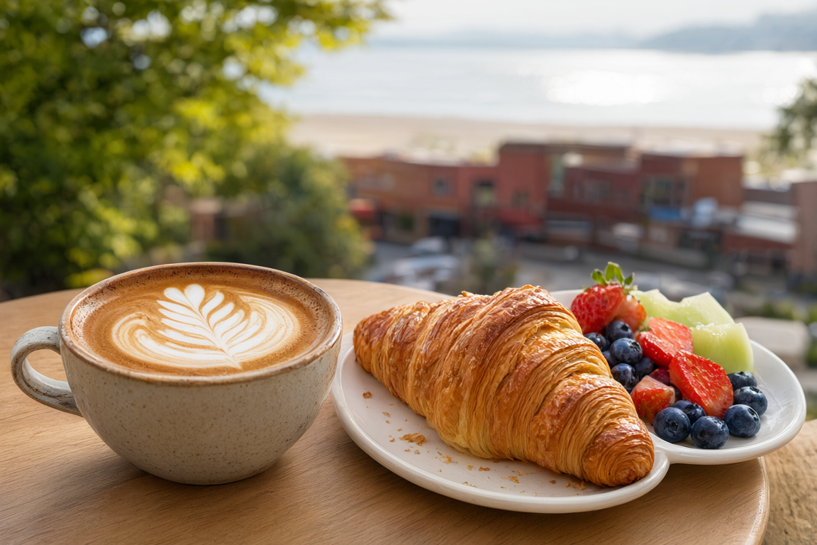 a latte with a croissant and fruit at Morrison Cafe, with the lawns of Centennial Park and Pacific Avenue softly blurred behind