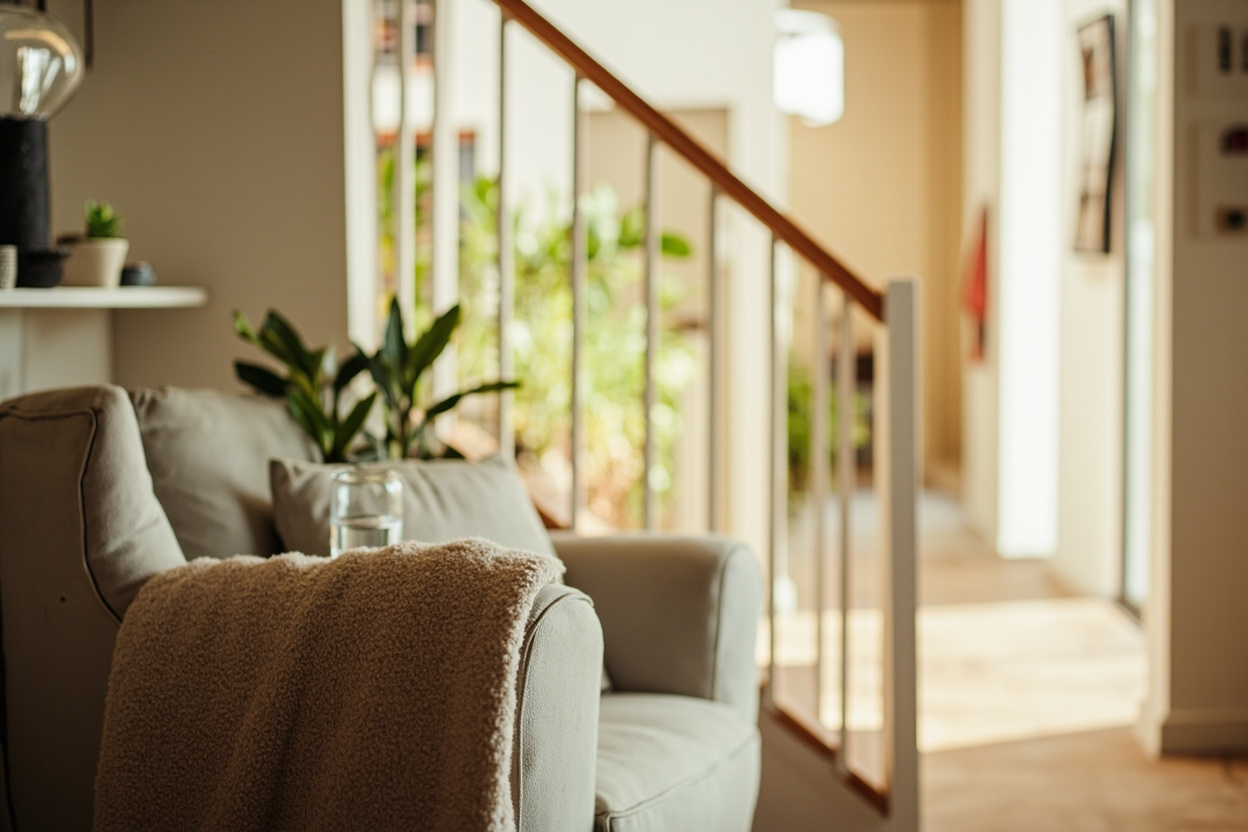 A tidy sunlit home living room with an armchair, folded blanket and a glass of water
