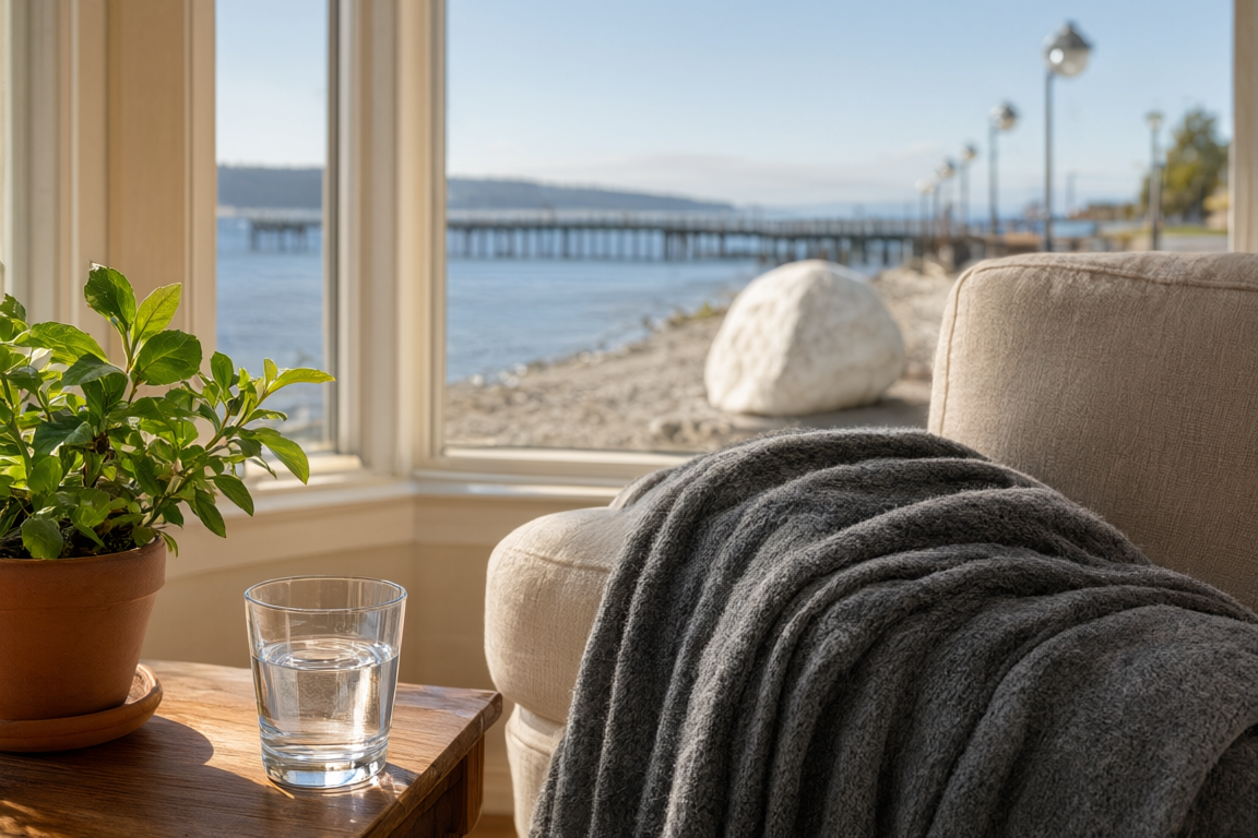 a tidy sunlit living room corner with an armchair and blanket at Guarding Life Home Care, with the White Rock promenade and pier seen through the window softly blurred behind