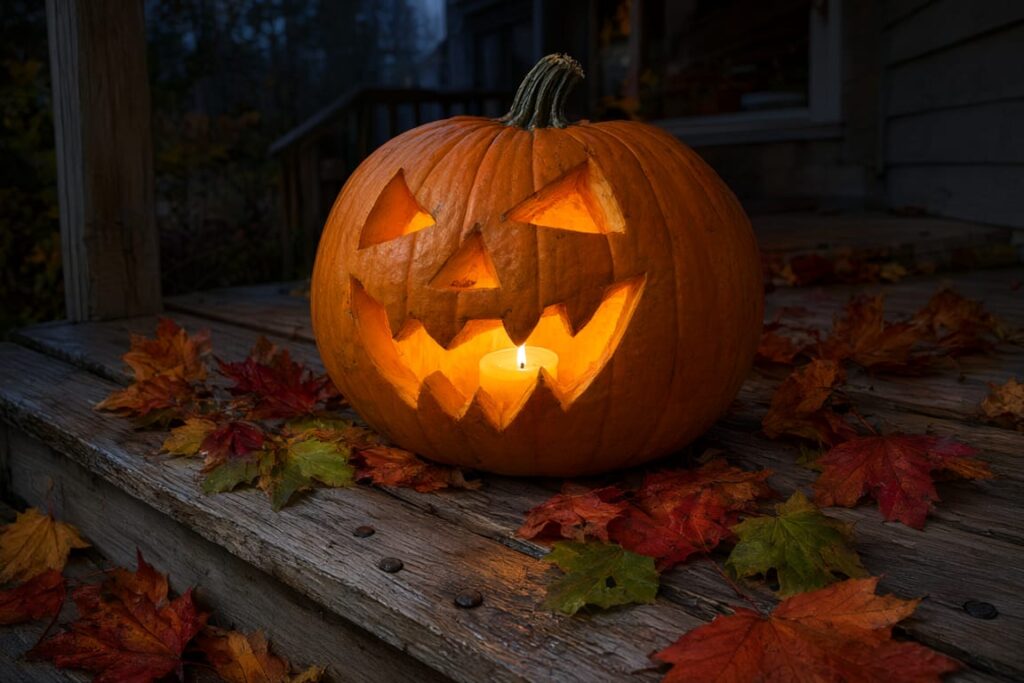 A carved pumpkin glowing on a wooden porch step at night beside a candle and autumn maple leaves in White Rock BC