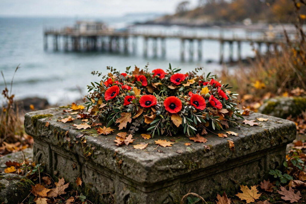 A red poppy wreath on a stone memorial by the sea, ocean and pier blurred behind, no people